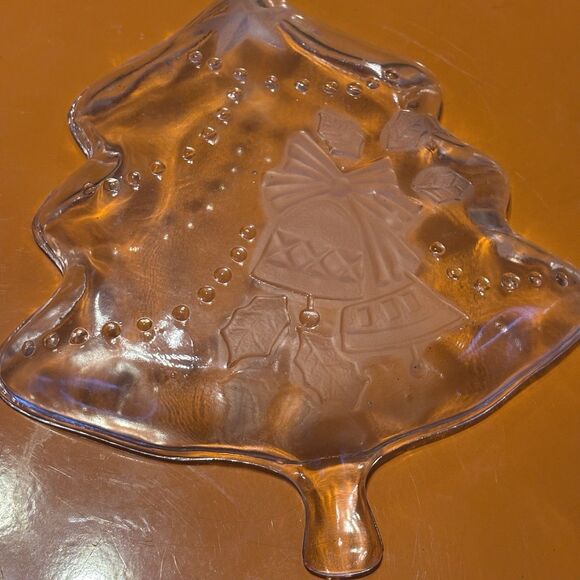 Vintage Christmas Tree Shape Frosted Glass Dish with Bell, Bow and Star Candy - Picture 4 of 6